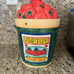 Vintage Cooks Club Ceramic Bushel of Vine Ripe Tomatoes Container Cookie Jar